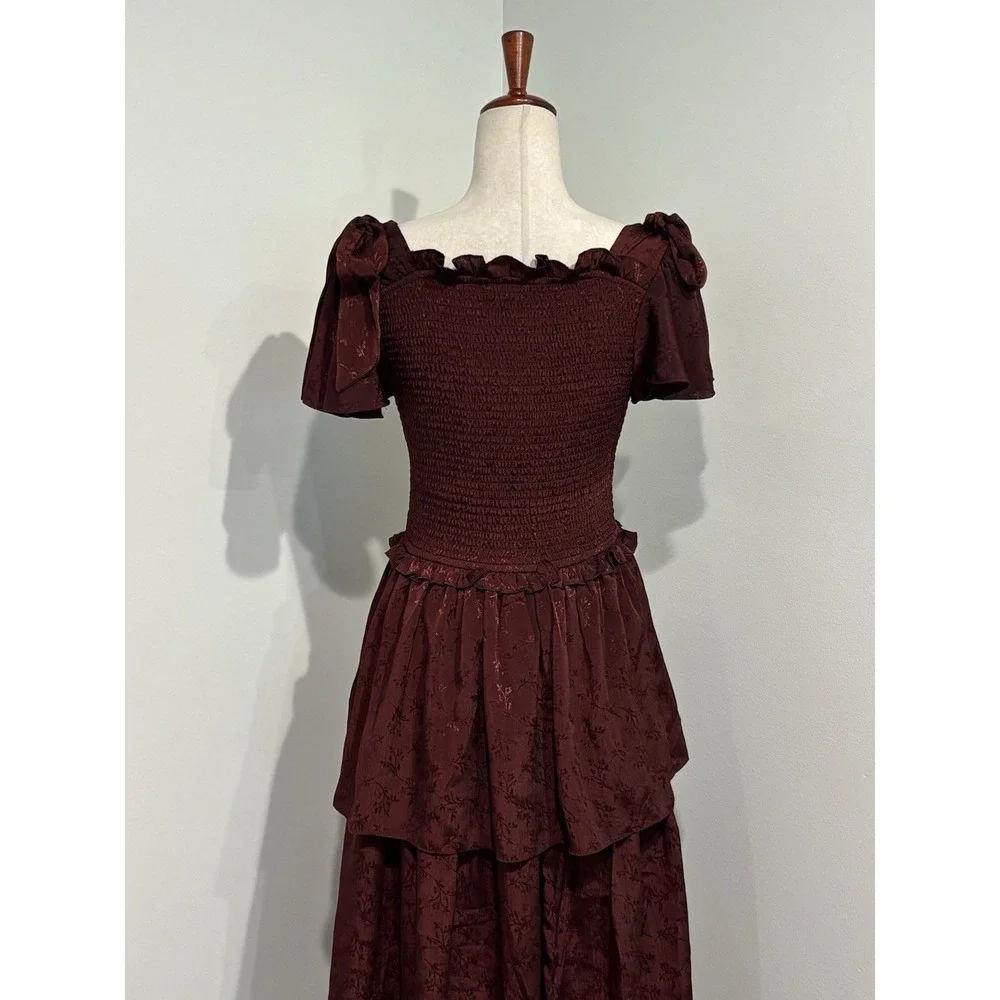Ivy City Co Alana Tiered Smocked Burgundy Wine Size Medium Cottagecore Maxi - Picture 6 of 10